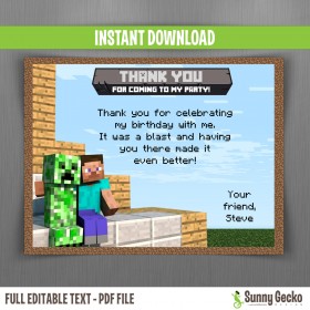 Minecraft Birthday Thank You Cards
